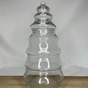 Vintage Christmas Tree Apothecary Jar Candy Dish Holiday Clear Glass Lid